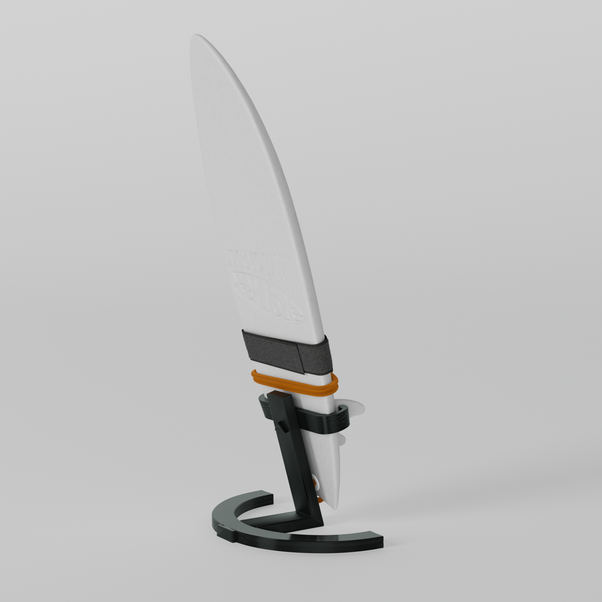 Mini foam surfboard on a black plastic stand made from recycled materials, branded Aloha Tinyboards™