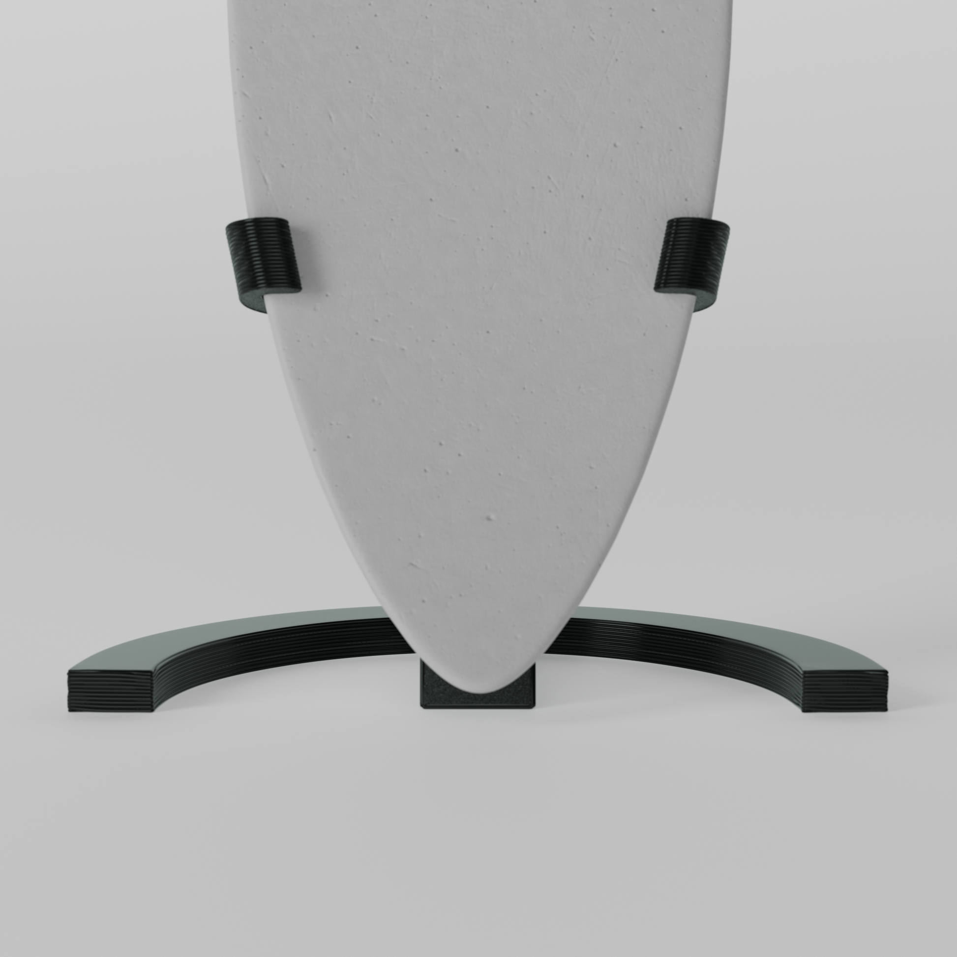 Mini foam surfboard on a black plastic stand made from recycled materials, branded Aloha Tinyboards™