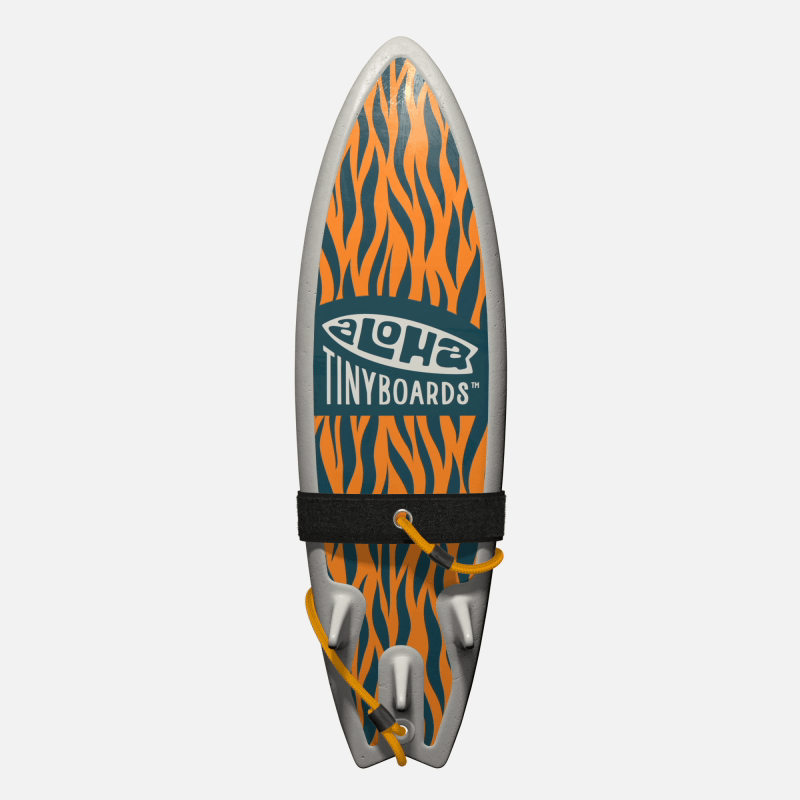 Animated GIF of Aloha Tinyboards foam finger surfboard rotating 360° showing Tiger orange-and-navy tiger-stripe pattern.