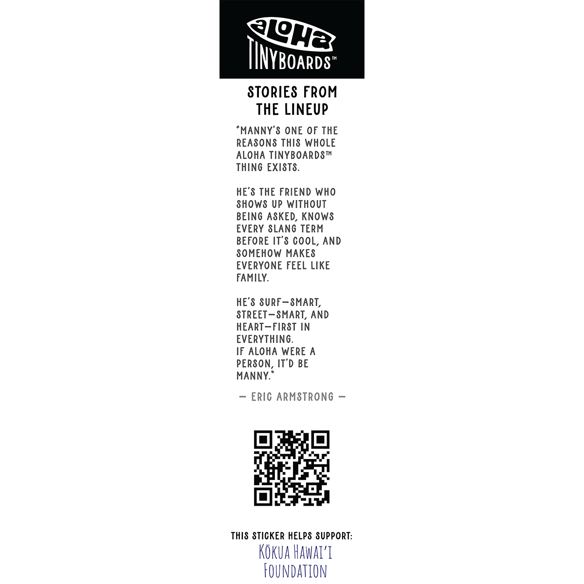 Back of sticker decal 'Fish Scales' with a design-credit note to a local surf/data scientist, QR code, and charity credit for Aloha Tinyboards finger surfboard.