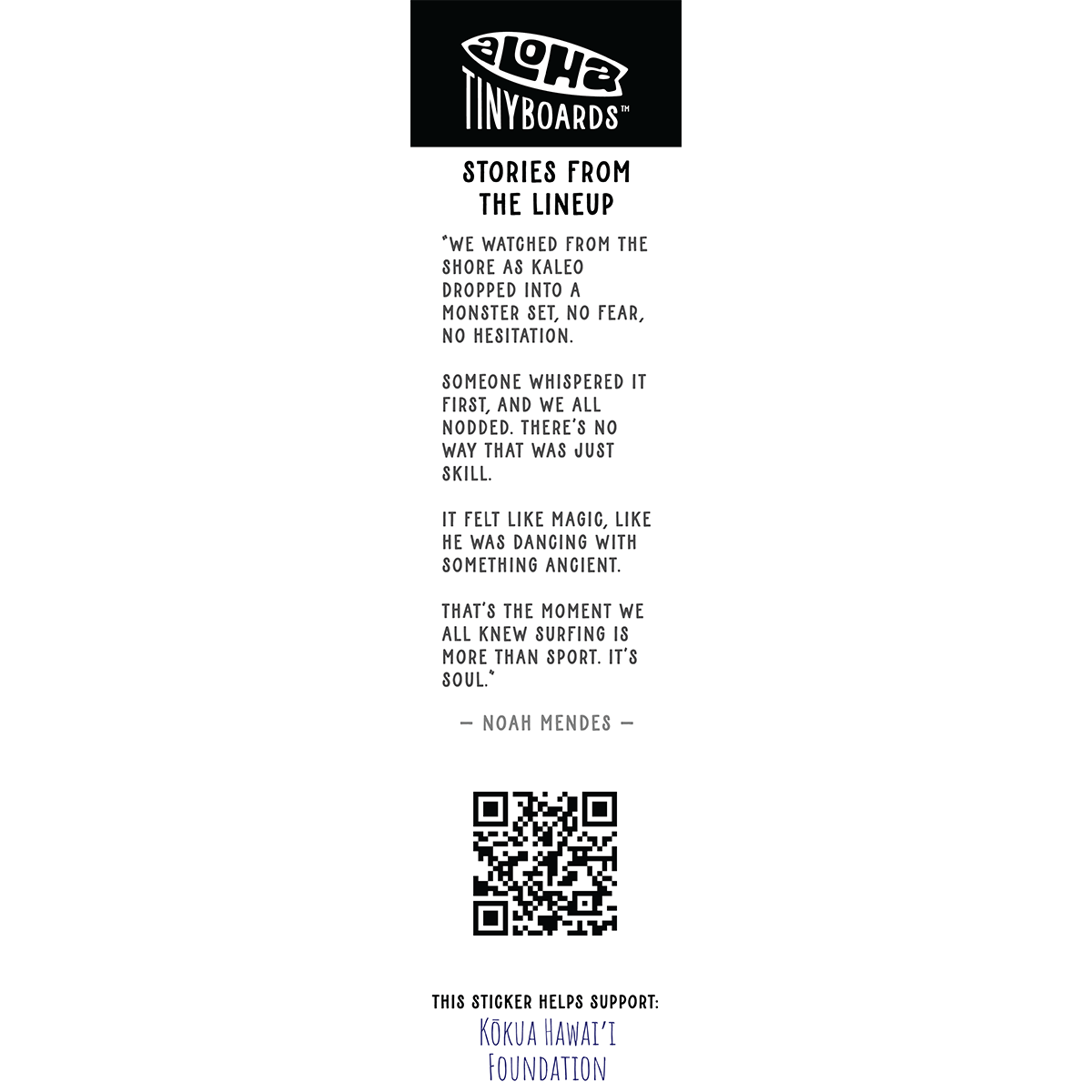 Back of sticker decal 'Magic' with a jokey line about surfing and the dark arts, QR code, and charity credit for Aloha Tinyboards finger surfboard.