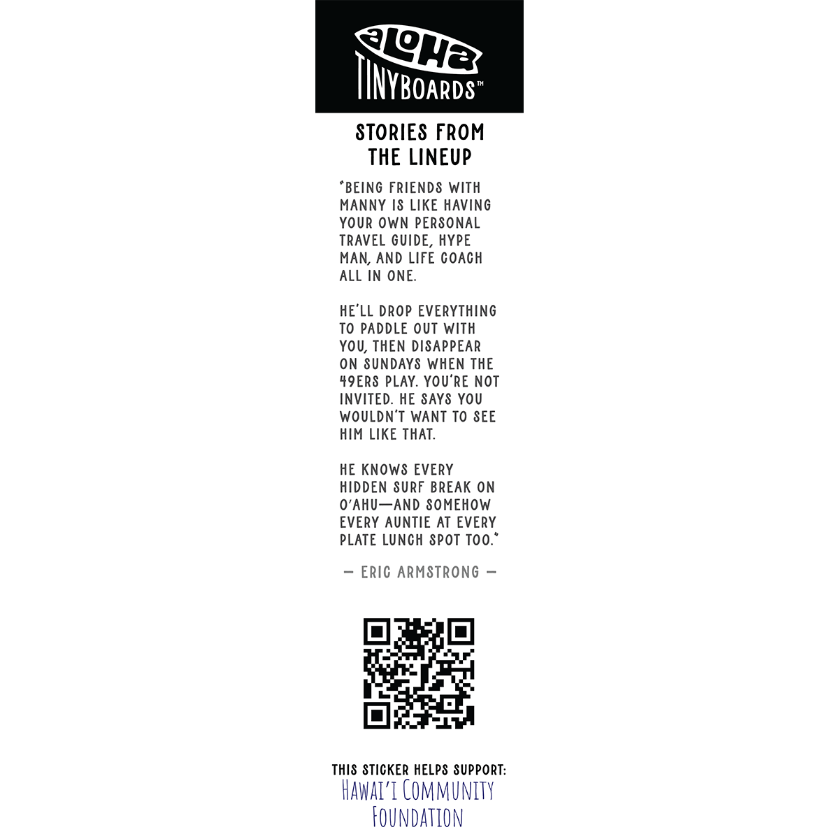 Back of sticker decal 'Maze' with a brief design-credit line and related note, QR code, and charity credit for Aloha Tinyboards finger surfboard.