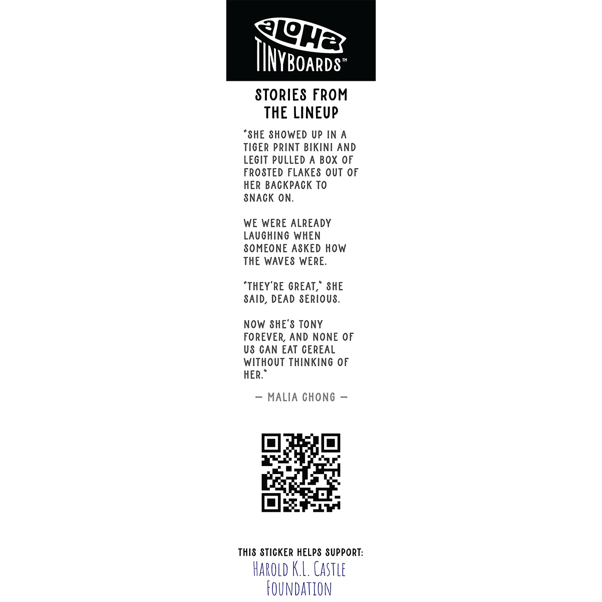 Back of sticker decal 'Tiger' with the cereal-and-beach memory and the "They're great" shout, QR code, and charity credit for Aloha Tinyboards finger surfboard.