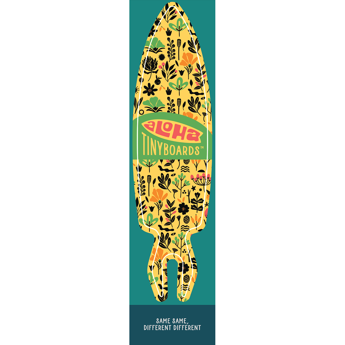 Aloha Tinyboard floral minimal sticker decal with black and green botanical silhouettes on yellow, created by a local surfer featuring a Story from the Lineup: Same same, different different.