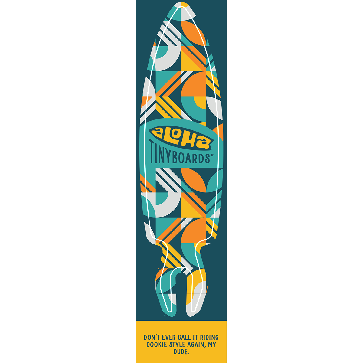 Aloha Tinyboard Geometric sticker decal with orange, teal and white shapes on navy, created by a local surfer featuring a Story from the Lineup: Don’t ever call it riding Dookie Style again, my dude.