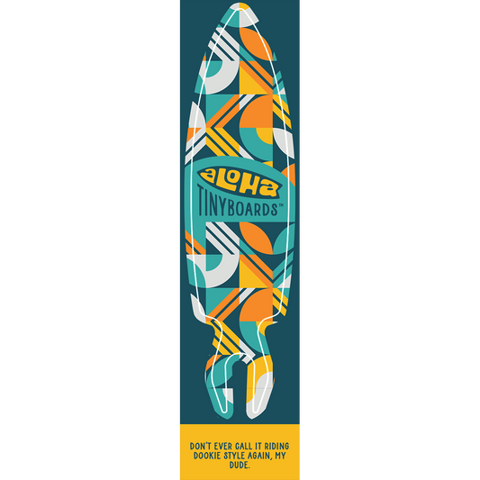 Aloha Tinyboard Geometric sticker decal with orange, teal and white shapes on navy, created by a local surfer featuring a Story from the Lineup: Don’t ever call it riding Dookie Style again, my dude.