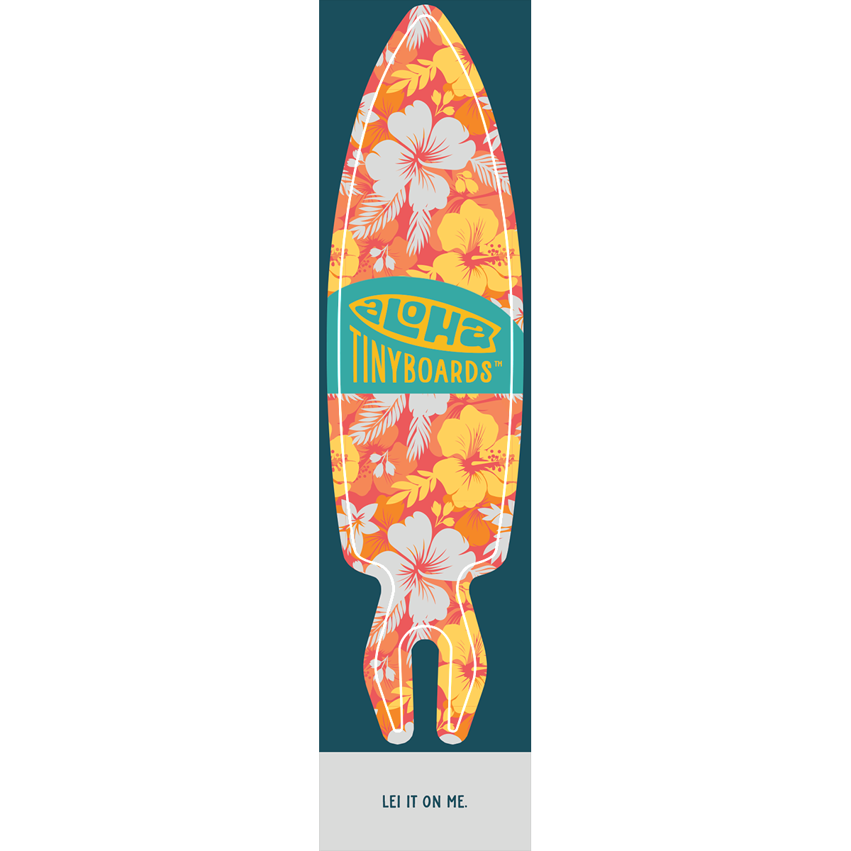 Aloha Tinyboard Hawaiian Flowers sticker decal with white and yellow hibiscus and tropical leaf pattern on coral background, created by a local surfer featuring a Story from the Lineup: Lei it on me.