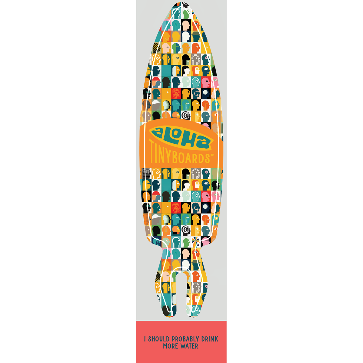 Aloha Tinyboard Heads sticker decal with multicolored head silhouettes in a grid pattern on light gray, created by a local surfer featuring a Story from the Lineup: I should probably drink more water.