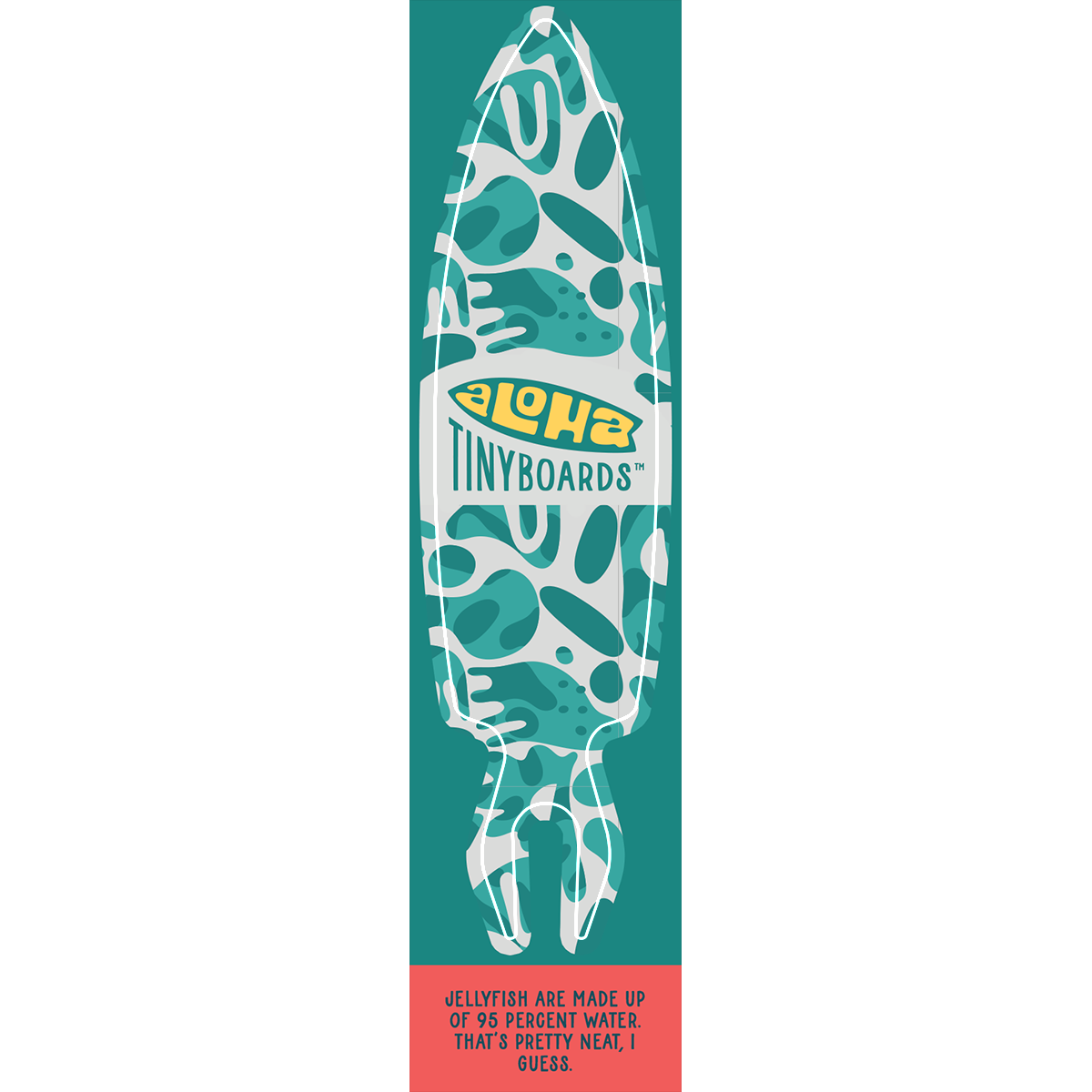 Aloha Tinyboard Jellyfish sticker decal with abstract teal and white organic shapes on a teal background, created by a local surfer featuring a Story from the Lineup: Jellyfish are made up of 95 percent water. That’s pretty neat, I guess.