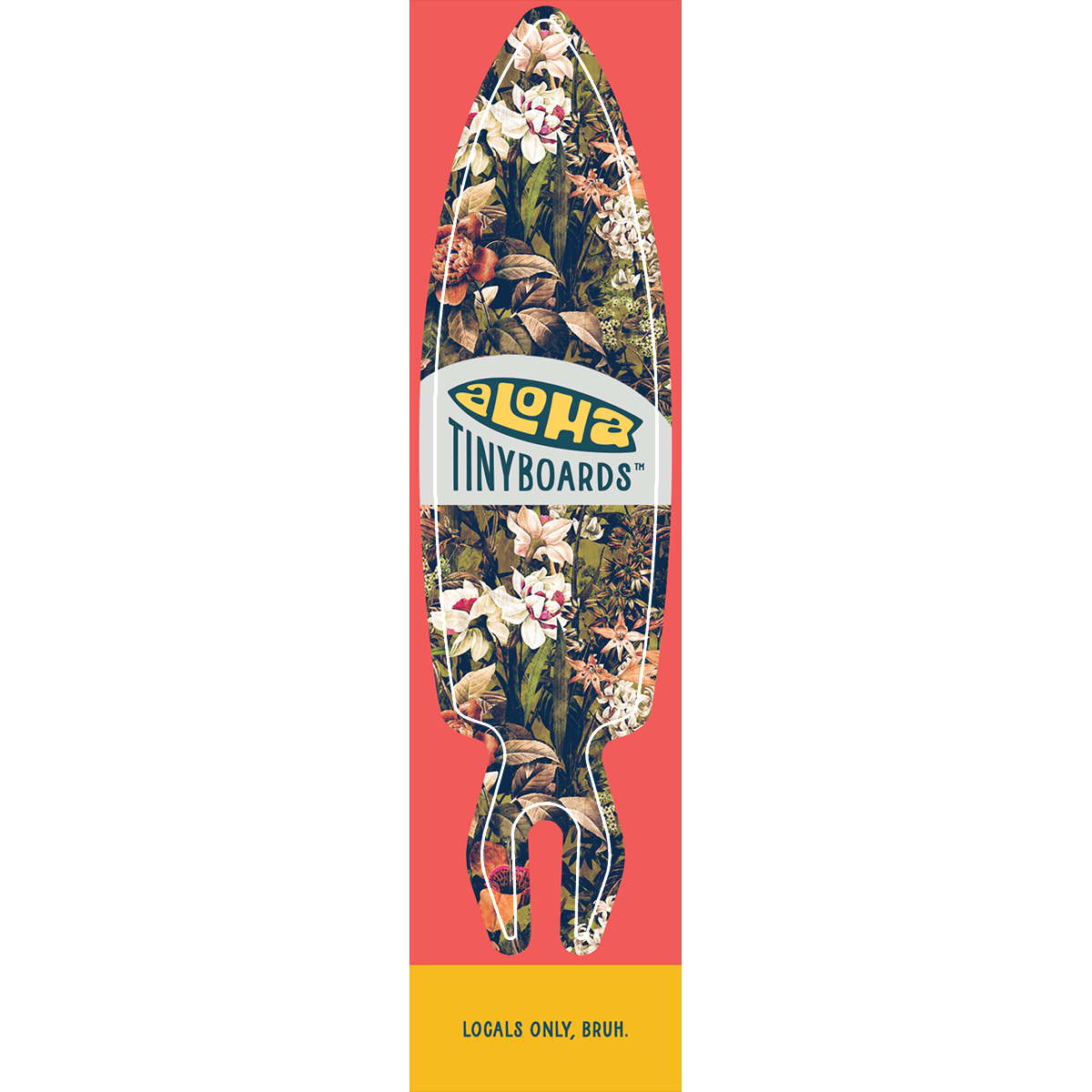 Aloha Tinyboard Locals Only sticker decal with vintage botanical collage of white and orange flowers and green foliage on red background, created by a local surfer featuring a Story from the Lineup: Locals only, bruh.