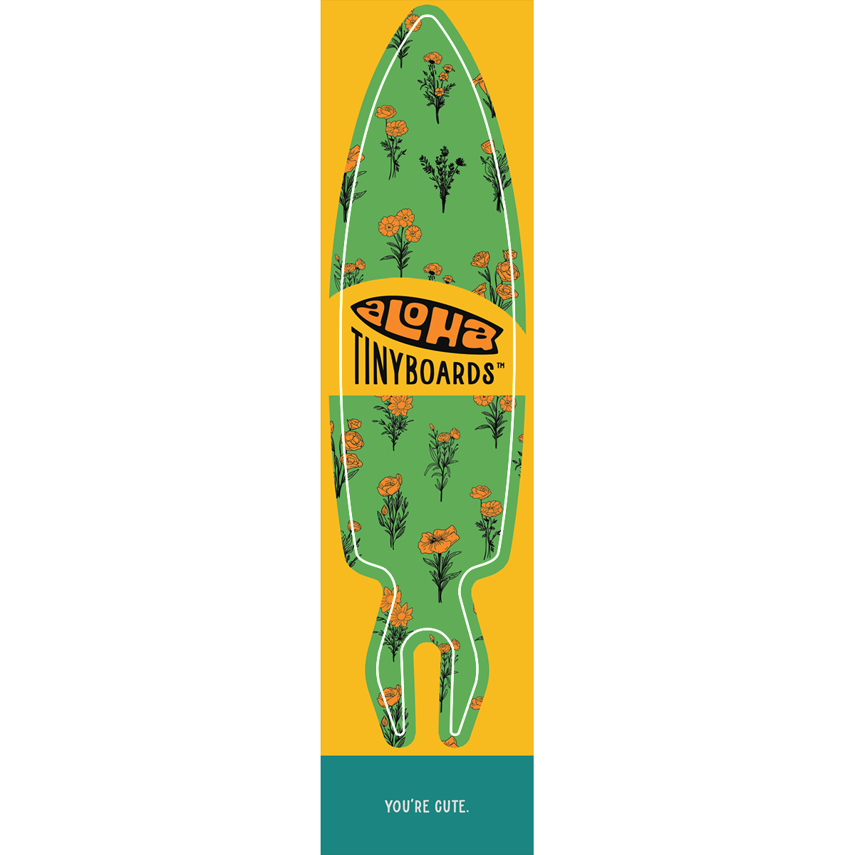 Aloha Tinyboard marigolds sticker decal with orange marigold sprigs on green, created by a local surfer featuring a Story from the Lineup: You’re cute.