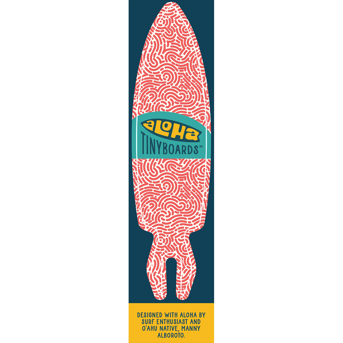 Aloha Tinyboard maze sticker decal with coral maze-like pattern on white, created by a local surfer featuring a Story from the Lineup: Designed with Aloha by surf enthusiast and Oʻahu native, Manny Alboroto.