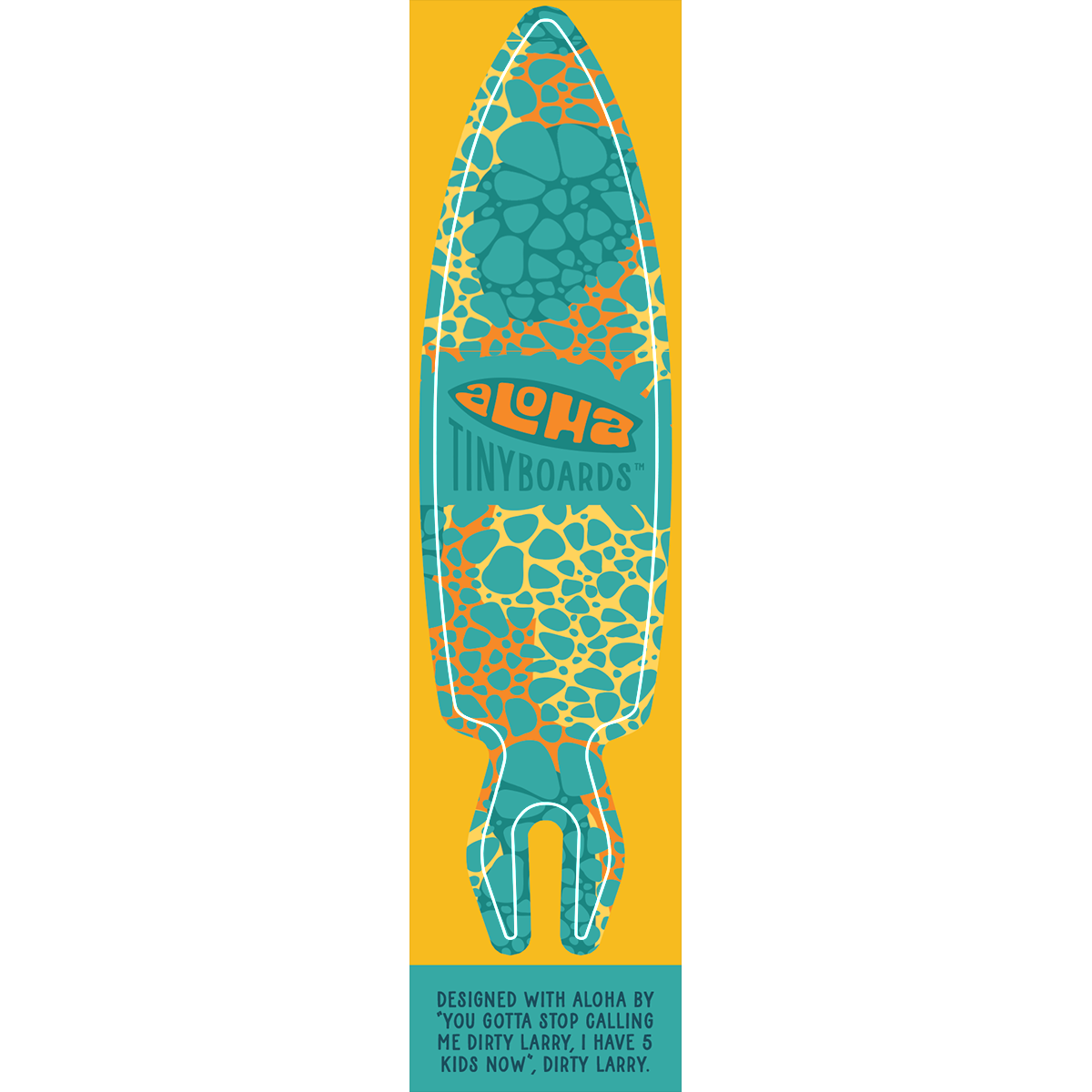 Aloha Tinyboard stones sticker decal with turquoise and coral pebble pattern on yellow background, created by a local surfer featuring a Story from the Lineup: Designed with Aloha by “You gotta stop calling me Dirty Larry, I have 5 kids now”, Dirty Larry.