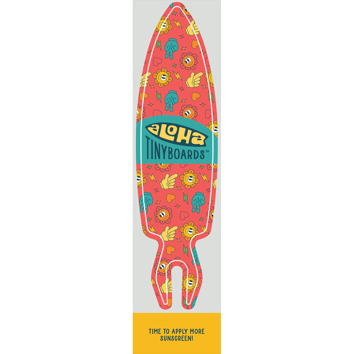 Aloha Tinyboard sunscreen sticker decal with yellow sun and hand icons, hearts, and lightning bolts on coral background, created by a local surfer featuring a Story from the Lineup: Time to apply more sunscreen!