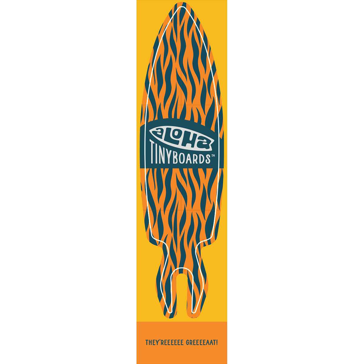 Aloha Tinyboard tiger sticker decal with orange and dark blue tiger stripe pattern on yellow, created by a local surfer featuring a Story from the Lineup: They’reeeeee Greeeeaat!