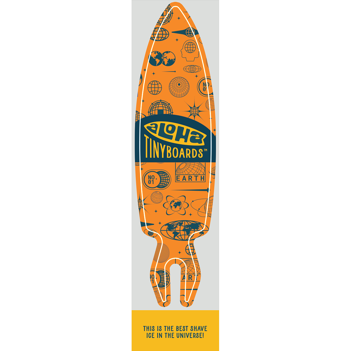 Aloha Tinyboard universe sticker decal with navy globe and cosmic symbols on orange, created by a local surfer featuring a Story from the Lineup: This is the best shave ice in the universe!