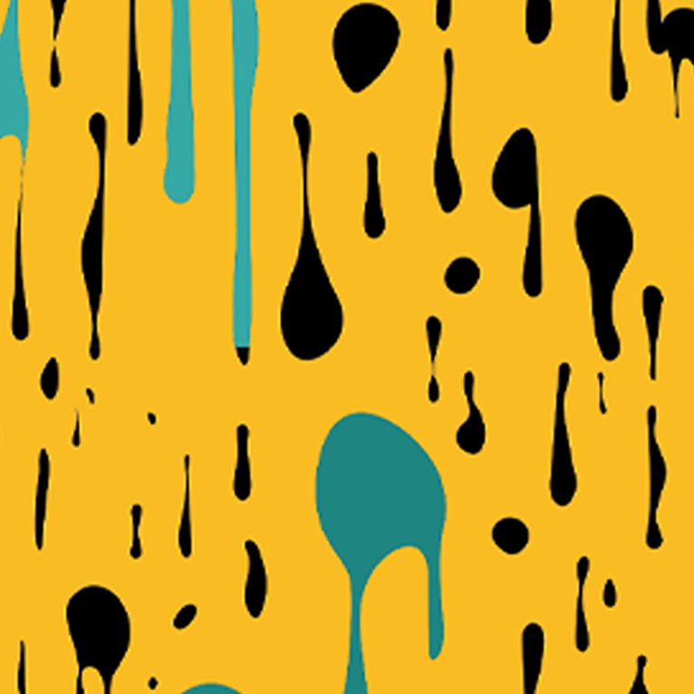 Close-up of Aloha Tinyboard sticker decal “Dripping” detailing the teal and black drop patterns on a yellow background.