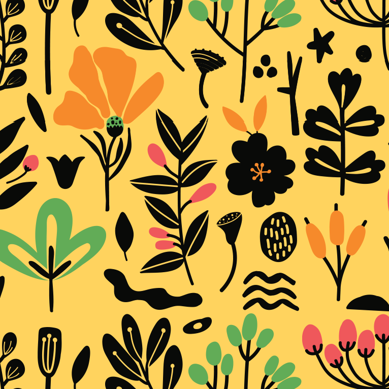 Close-up of Aloha Tinyboard sticker decal “Floral Minimal” detailing the black and green botanical silhouettes on yellow background.