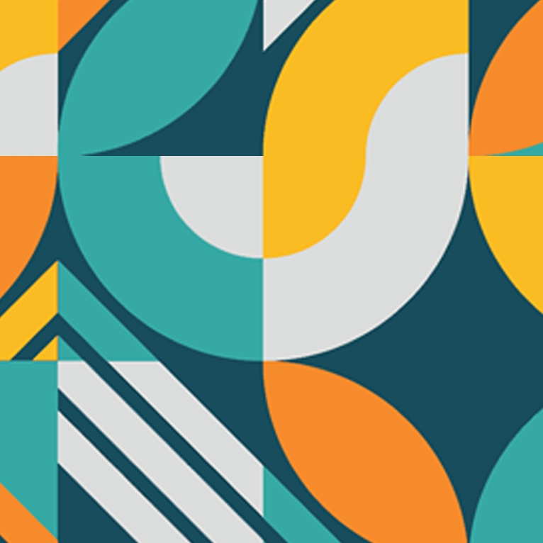 Close-up of Aloha Tinyboard sticker decal “Geometric” detailing the orange, teal and white shapes on navy background.