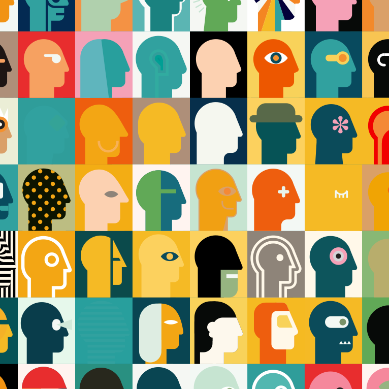 Close-up of Aloha Tinyboard sticker decal “Heads” detailing the multicolored head silhouettes in a grid pattern.