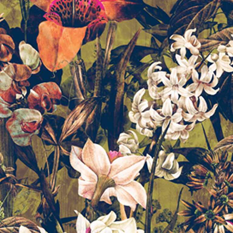 Close-up of Aloha Tinyboard sticker decal “Locals Only” detailing the vintage botanical collage of white and orange flowers and green foliage.