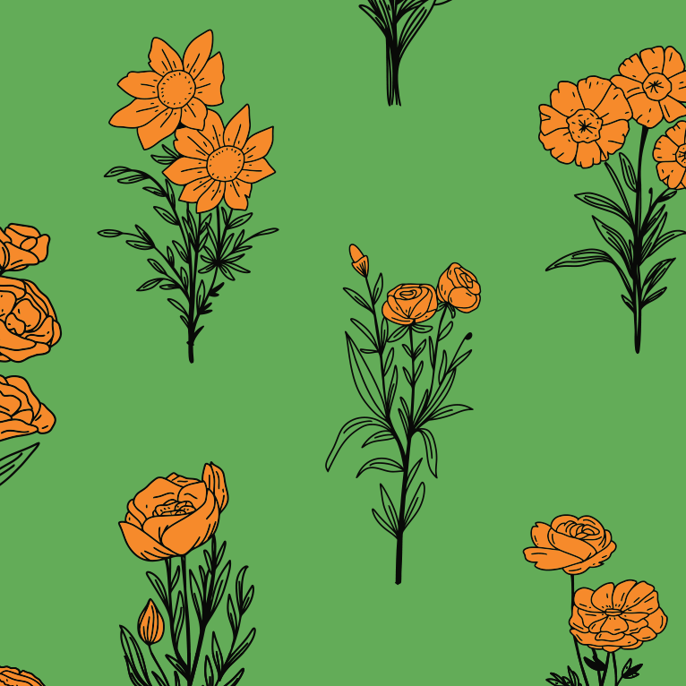 Close-up of Aloha Tinyboard sticker decal “Marigolds” detailing the orange marigold sprigs on green background.