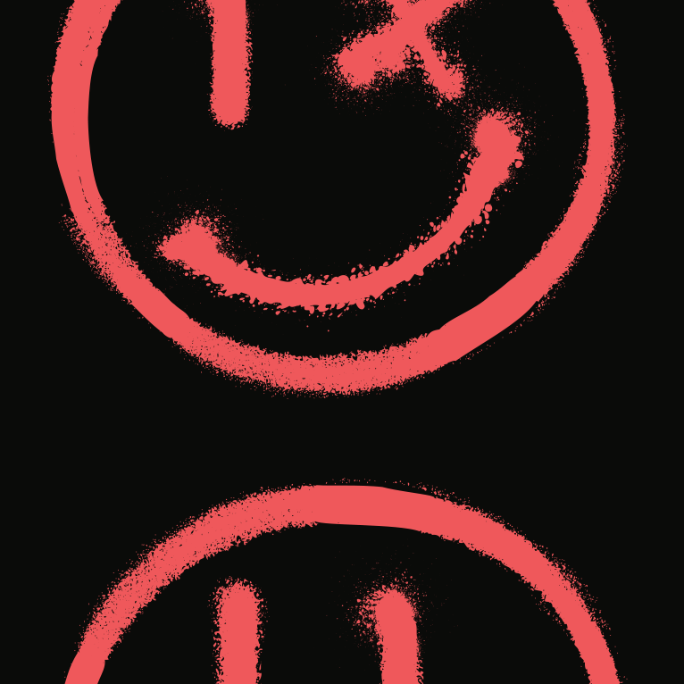 Close-up of Aloha Tinyboard sticker decal “Spraypaint” detailing the coral spray-painted smiley faces on black background.