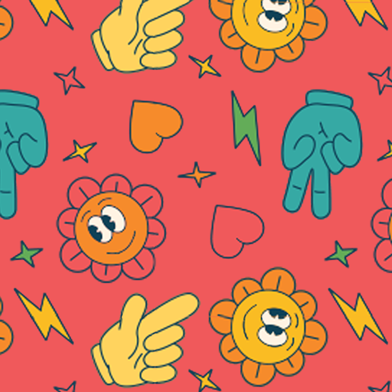 Close-up of Aloha Tinyboard sticker decal “Sunscreen” detailing the yellow sun and hand icons, hearts, and lightning bolts on coral background.