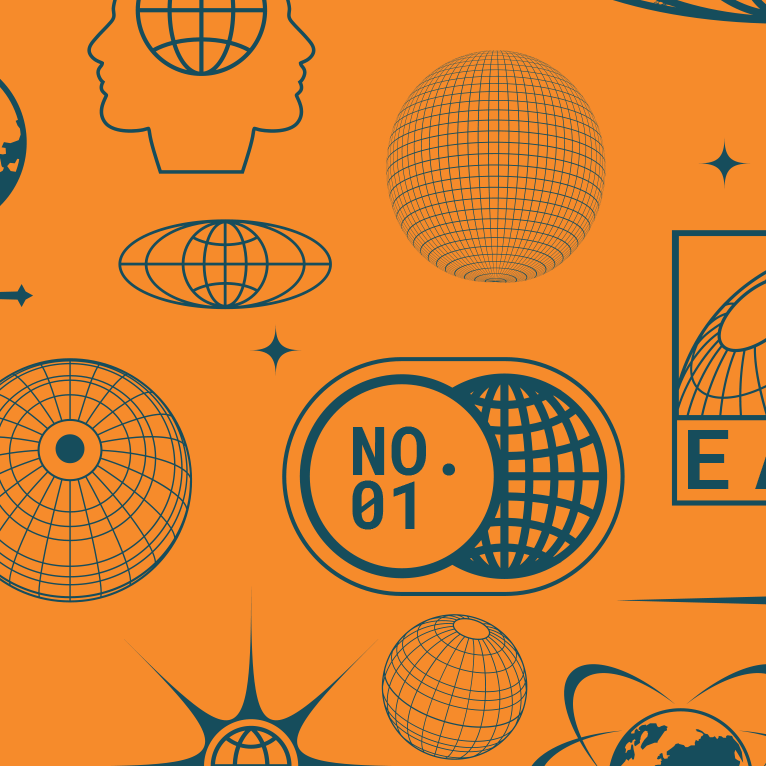 Close-up of Aloha Tinyboard sticker decal “Universe” detailing the navy globe and cosmic symbols on orange background.