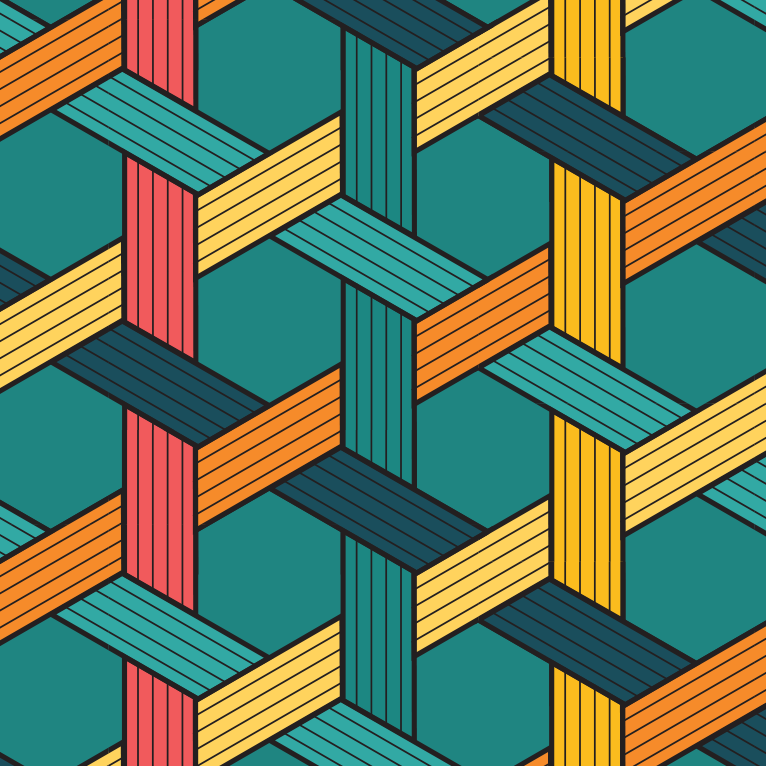 Close-up of Aloha Tinyboard sticker decal “Weave” detailing the coral, yellow, navy and teal interlocking lattice pattern.