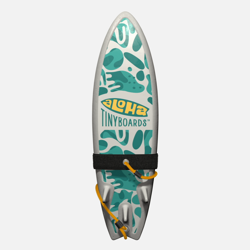 Animated GIF of Aloha Tinyboards foam finger surfboard rotating 360° showing Jellyfish abstract teal-and-white organic shapes.
