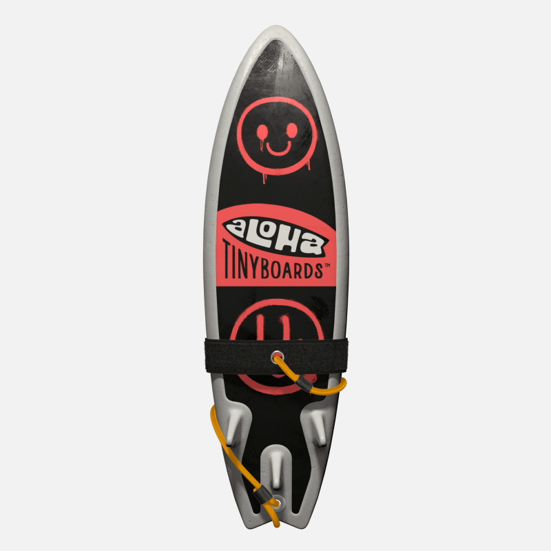 Animated GIF of Aloha Tinyboards foam finger surfboard rotating 360° showing Spraypaint coral spray-smiley motifs on black.
