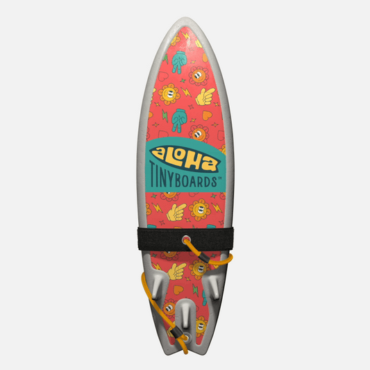 Animated GIF of Aloha Tinyboards foam finger surfboard rotating 360° showing Sunscreen yellow suns, hearts and hand icons on coral.