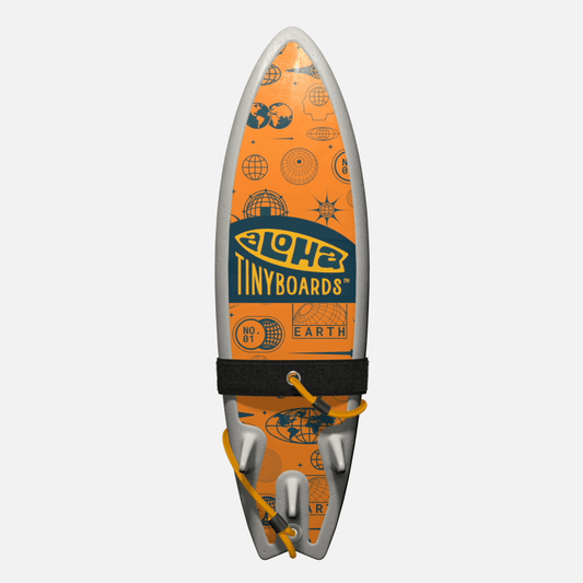 Animated GIF of Aloha Tinyboards foam finger surfboard rotating 360° showing Universe navy globe and cosmic symbol pattern on orange.