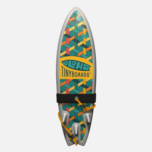 Animated GIF of Aloha Tinyboards foam finger surfboard rotating 360° showing Weave interlocking coral, yellow and teal lattice pattern.