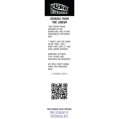 Back of sticker decal 'Boho Plants' with an anecdote about not liking sand in the toes, QR code, and charity credit for Aloha Tinyboards finger surfboard.