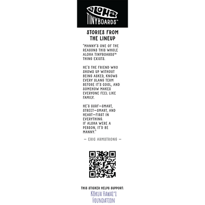 Back of sticker decal 'Fish Scales' with a design-credit note to a local surf/data scientist, QR code, and charity credit for Aloha Tinyboards finger surfboard.
