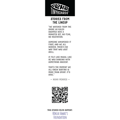 Back of sticker decal 'Magic' with a jokey line about surfing and the dark arts, QR code, and charity credit for Aloha Tinyboards finger surfboard.