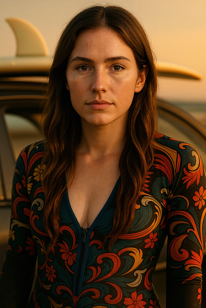 A female surfer stands in front of a vintage station wagon topped with a single surfboard fin at golden hour, wearing a zip-front surf suit patterned in swirling teal, rust, and mustard florals. She designed the “Heads” sticker for Aloha Tinyboards (finger sized mini foam surfboard) as part of their Stories from the Lineup series, bringing her floral energy to the collection.