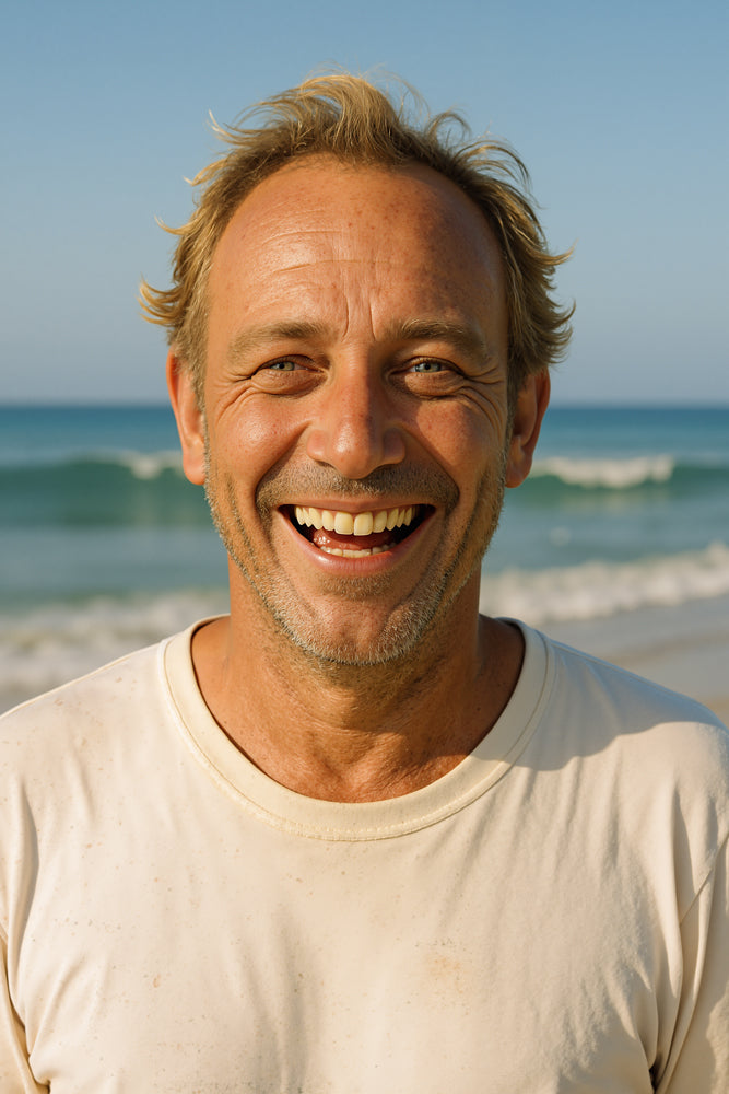 A male surfer smiles at the water’s edge under soft late-day light, dressed in an off-white crew-neck tee and rolled denim shorts. He designed the “Locals Only” sticker for Aloha Tinyboards (finger sized mini foam surfboard) in the Stories from the Lineup series, capturing laid-back community spirit.