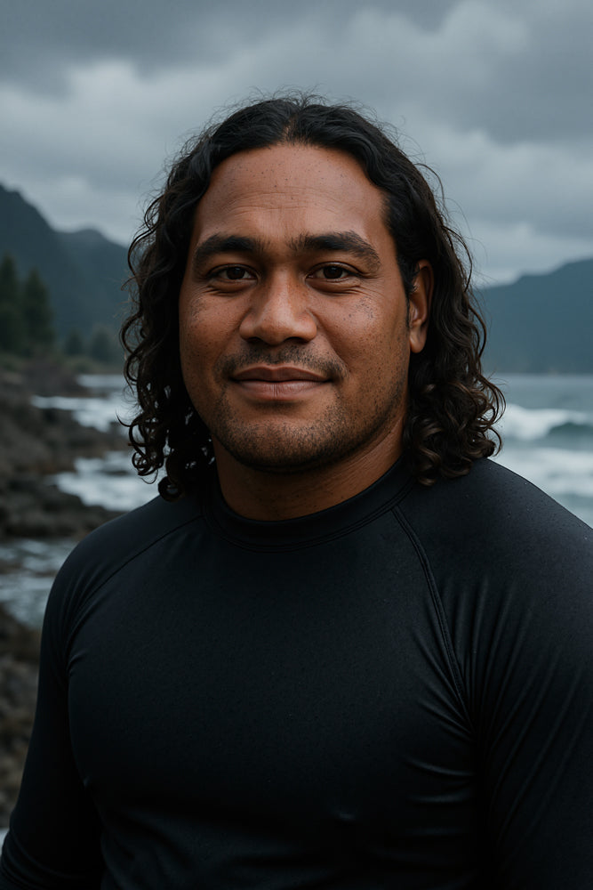 A male surfer stands confidently on a rocky shoreline under an overcast sky, clad in a sleek black wetsuit top. He designed the “Mushrooms” sticker for Aloha Tinyboards (finger sized mini foam surfboard) as part of their Stories from the Lineup series, reflecting earthy coastal vibes.
