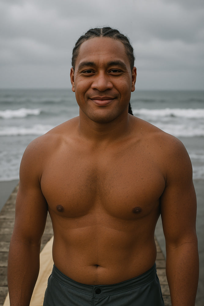 A male surfer smiles relaxedly on an old wooden pier under overcast skies, long braided hair pulled back and shirtless against a muted turquoise sea. He designed the “Waves” sticker for Aloha Tinyboards (finger sized mini foam surfboard) as part of their Stories from the Lineup series, evoking a meditative surf rhythm.