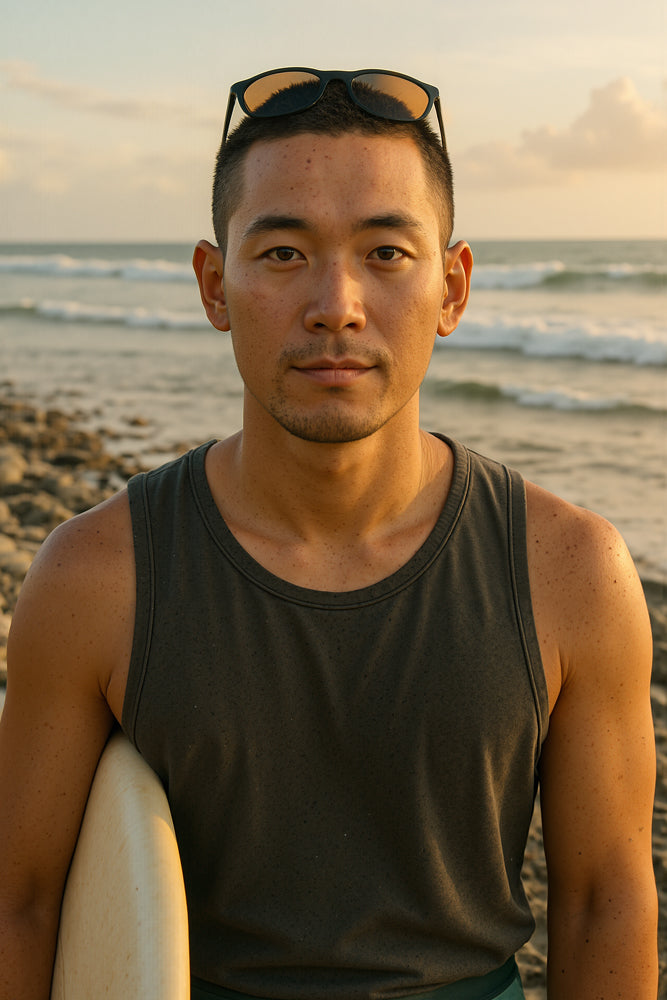 A male surfer stands on jagged stones beside his white surfboard under warm golden-hour light, wearing a wetsuit-tank top and sunglasses perched atop his head. He designed the “Stones” sticker for Aloha Tinyboards (finger sized mini foam surfboard) as part of their Stories from the Lineup series, reflecting serene coastal strength.