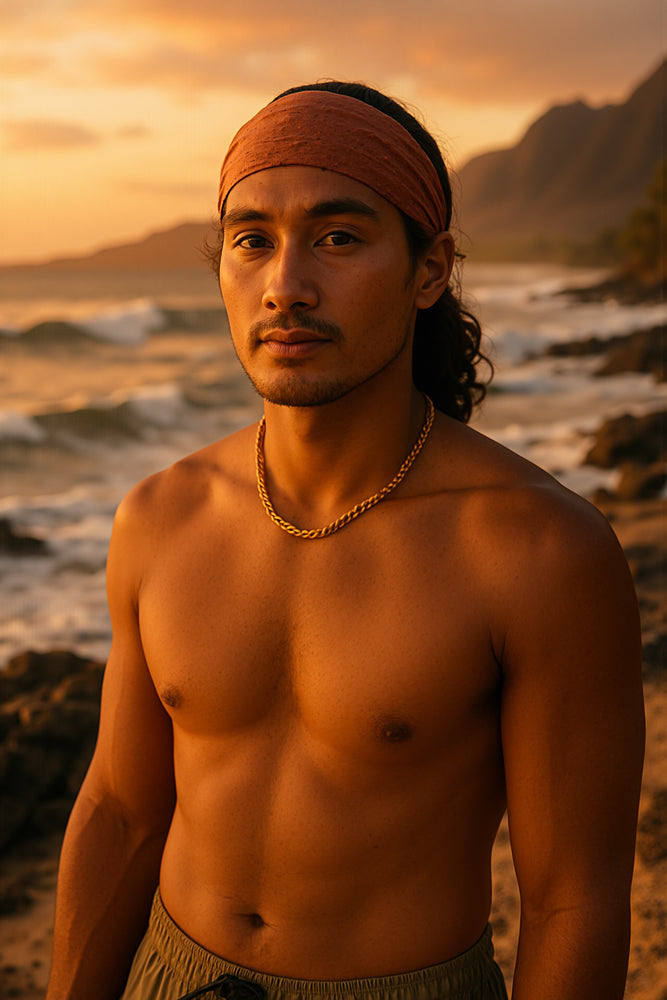 A male surfer stands on lava-rock tide pools at sunset, shirtless with a burnt-orange headband and a simple gold chain, waves softly crashing behind him under warm, sculpted light. He designed the “Fish Scales” sticker for Aloha Tinyboards (finger sized mini foam surfboard) as part of their Stories from the Lineup series, channeling repeating patterns found in nature.