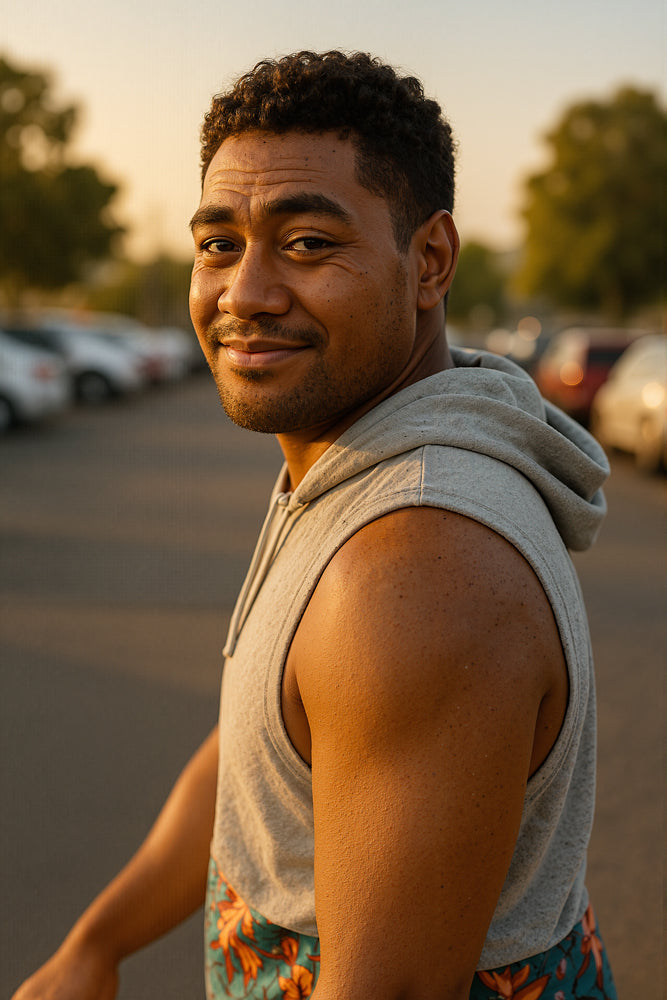 A male surfer glances back with a knowing smile in a sunlit parking lot at dusk, wearing a sleeveless gray hoodie and tropical-print board shorts. He designed the “Noodles” sticker for Aloha Tinyboards (finger sized mini foam surfboard) as part of their Stories from the Lineup series, capturing laid-back urban surf vibes.