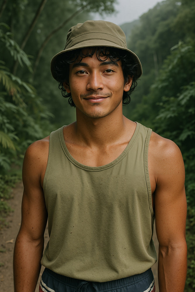 A male surfer stands on a misty jungle trail surrounded by towering ferns, wearing an olive-green bucket hat and matching tank top, soft filtered daylight casting gentle highlights on his skin. He designed the “Magic” sticker for Aloha Tinyboards (finger sized mini foam surfboard) as part of their Stories from the Lineup series, evoking mysterious and magical energy.
