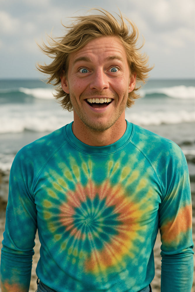 A male surfer stands on rocky surf breaks at golden hour in a vibrant tie-dye long-sleeve shirt, sandy blond hair tousled by sea breeze and a carefree grin lighting his face. He designed the “Spraypaint” sticker for Aloha Tinyboards (finger sized mini foam surfboard) as part of their Stories from the Lineup series, adding bold, street-art inspired color bursts to the collection.