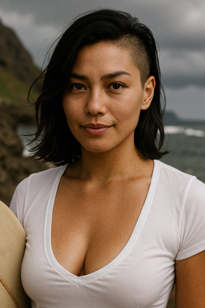 A female surfer stands on black lava rocks under storm-tinted clouds, holding a surfboard under one arm and wearing a fitted white V-neck tee that contrasts with the moody sky. She designed the “Jellyfish” sticker for Aloha Tinyboards (finger sized mini foam surfboard) as part of their Stories from the Lineup series, bringing ethereal coastal grace to the collection.