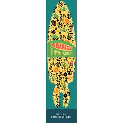 Aloha Tinyboard floral minimal sticker decal with black and green botanical silhouettes on yellow, created by a local surfer featuring a Story from the Lineup: Same same, different different.