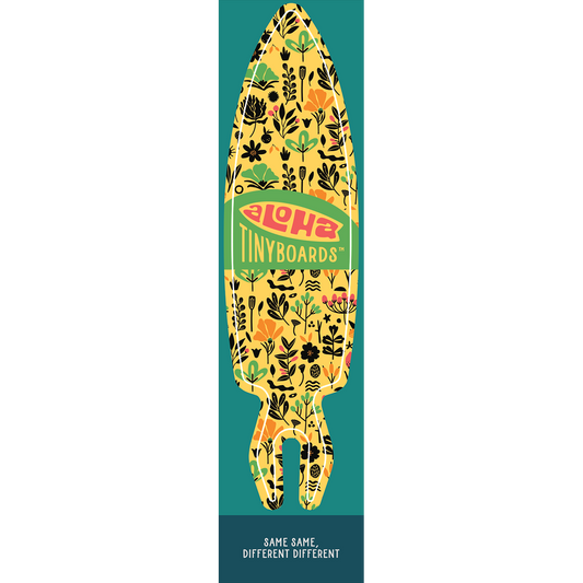 Aloha Tinyboard floral minimal sticker decal with black and green botanical silhouettes on yellow, created by a local surfer featuring a Story from the Lineup: Same same, different different.